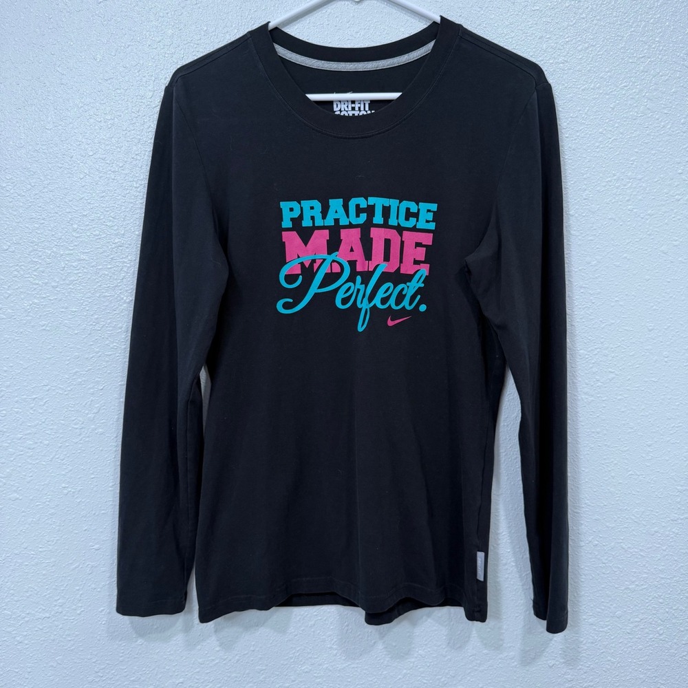 Nike Dri Fit Cotton Long Sleeve Tee Practice Made Perfect Black Size Medium - Picture 1 of 7